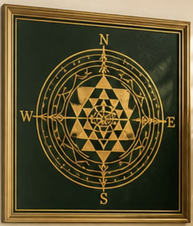 Framed golden Vastu Purusha Mandala Sri Yantra compass artwork